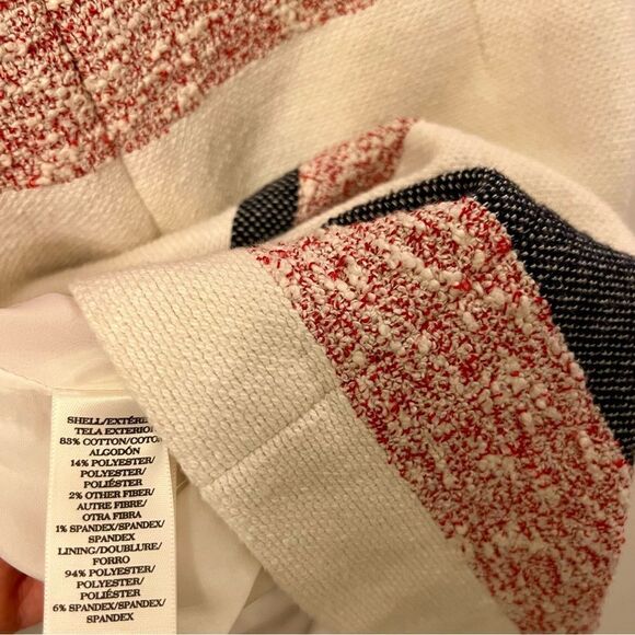 Ann Taylor Boucle Shift Dress Cream Blue Red Stripe Sleeveless Classic 10 - Picture 8 of 8